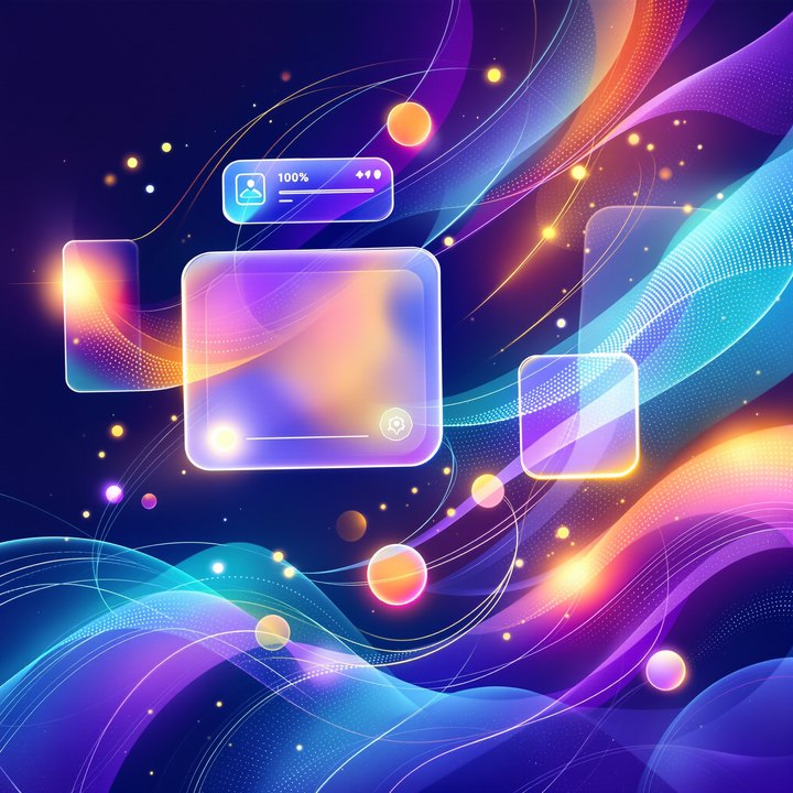 Abstract glass panels and teal-violet light trails representing creative tools