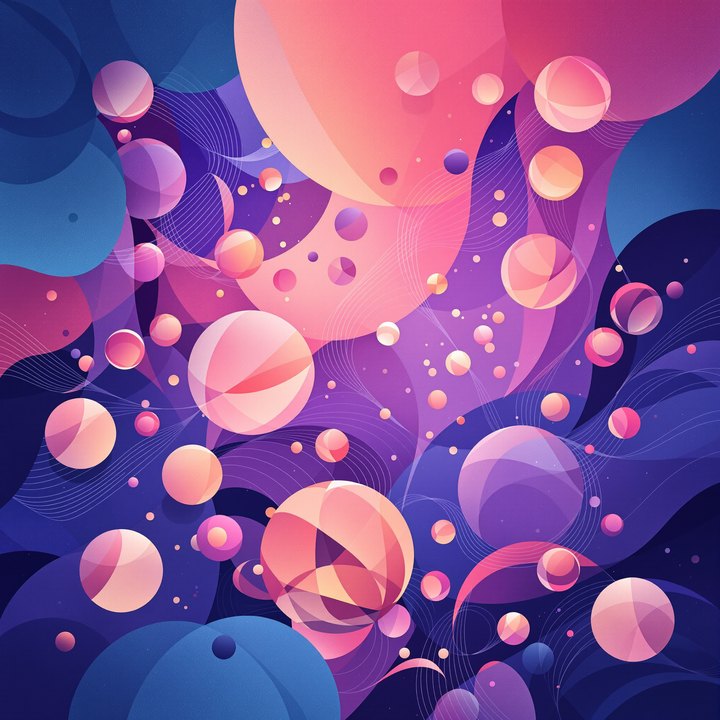 Abstract luminous orbs and coral-violet shapes suggesting interactive experiences